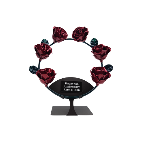 Corona de 6 rosas rojas de forja con soporte