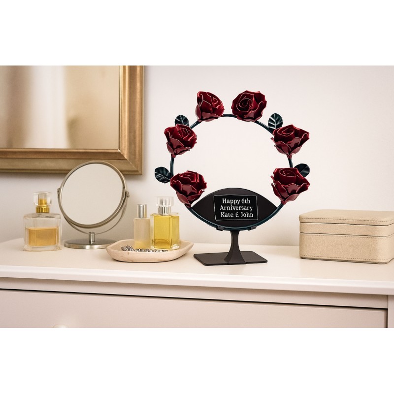 Corona de 6 rosas rojas de forja con soporte