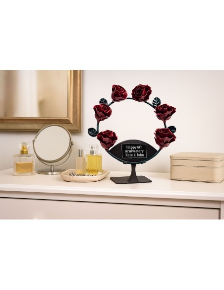 Corona de 6 rosas rojas de forja con soporte