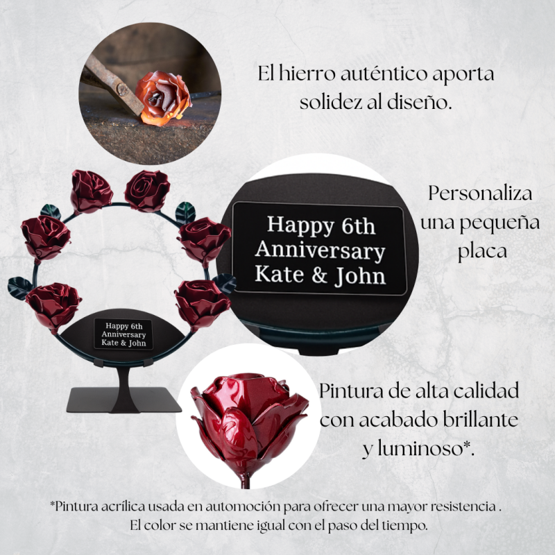 Corona de 6 rosas rojas de forja con soporte
