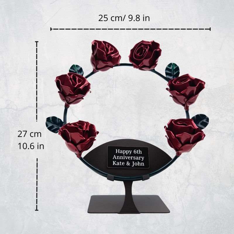 Corona de 6 rosas rojas de forja con soporte